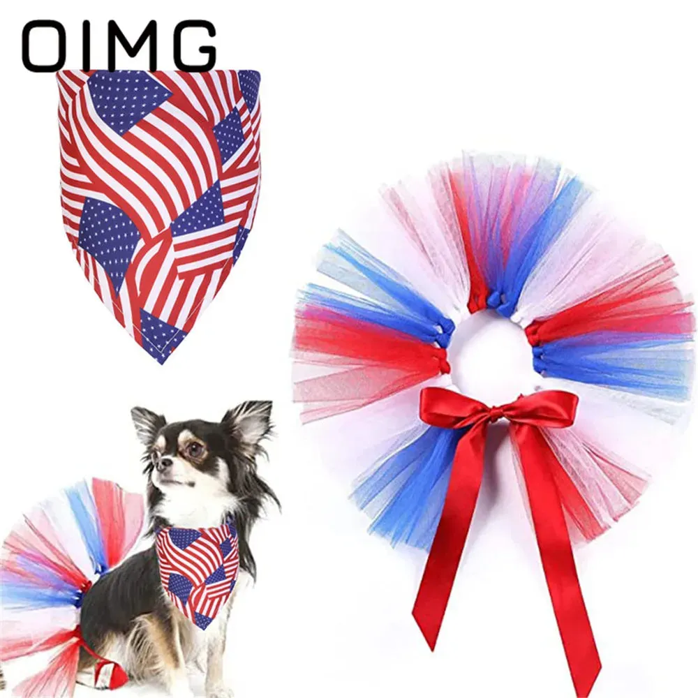 American Independence Day Dog Saliva Towel Pet Cat Mesh Tutu Skirt Puppy Dress Up Party Supplies 2Pc Set Schnauzer Papillon
