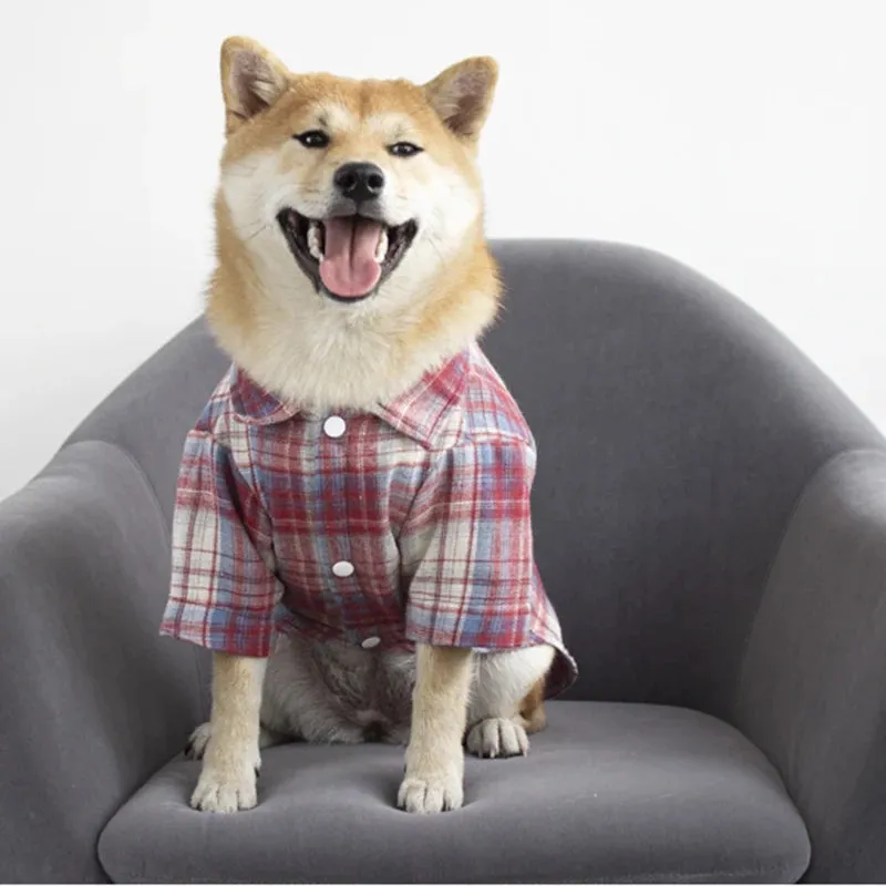 Classic Plaid Puppy Dog T-Shirt with Buckle | Fashion Pet Clothes for Small and Medium Dogs | Pomeranian Shiba Inu Cat Mascotas T-Shirts