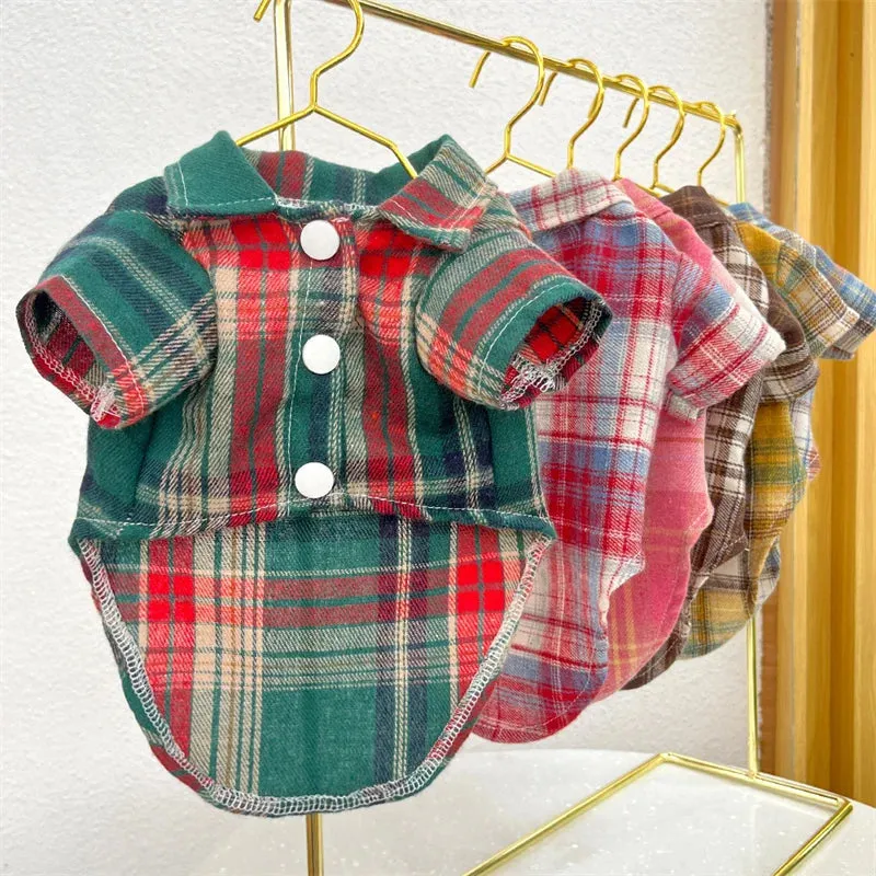 Classic Plaid Puppy Dog T-Shirt with Buckle | Fashion Pet Clothes for Small and Medium Dogs | Pomeranian Shiba Inu Cat Mascotas T-Shirts