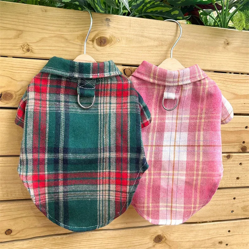 Classic Plaid Puppy Dog T-Shirt with Buckle | Fashion Pet Clothes for Small and Medium Dogs | Pomeranian Shiba Inu Cat Mascotas T-Shirts