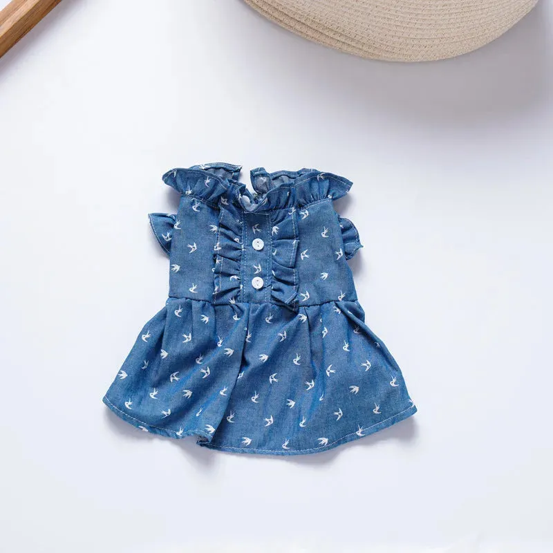 New Spring & Summer Soft Denim Ruffled Pet Dress – Stylish Skirt for Cats & Dogs