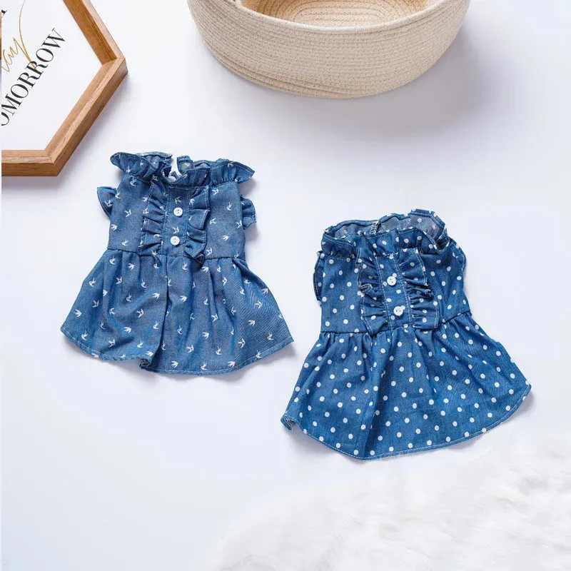 New Spring & Summer Soft Denim Ruffled Pet Dress – Stylish Skirt for Cats & Dogs
