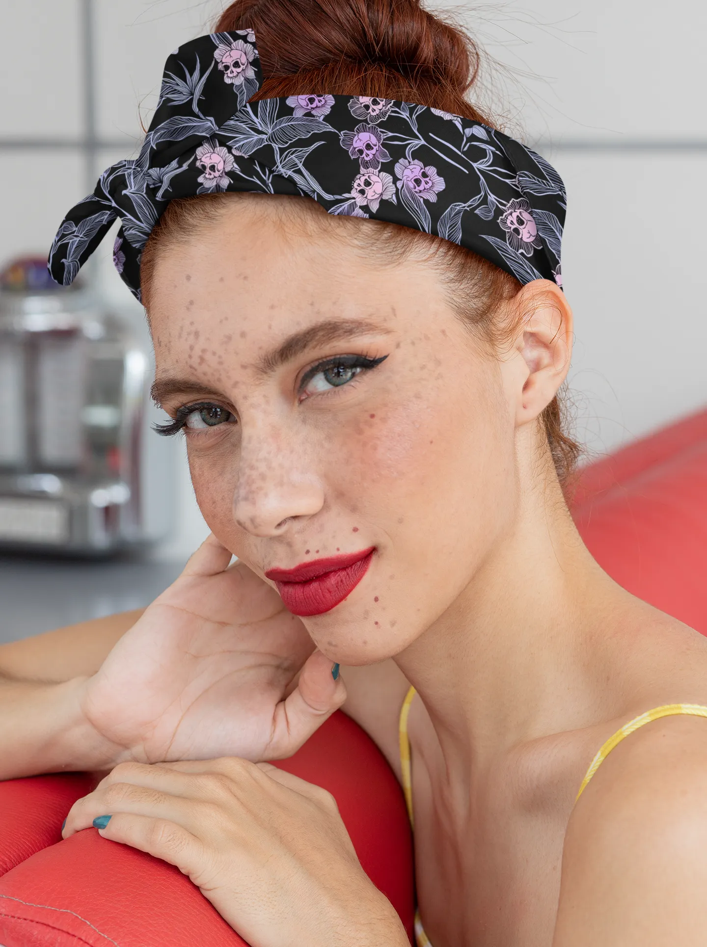 Pastel Goth Floral Bandana - Pink   Black