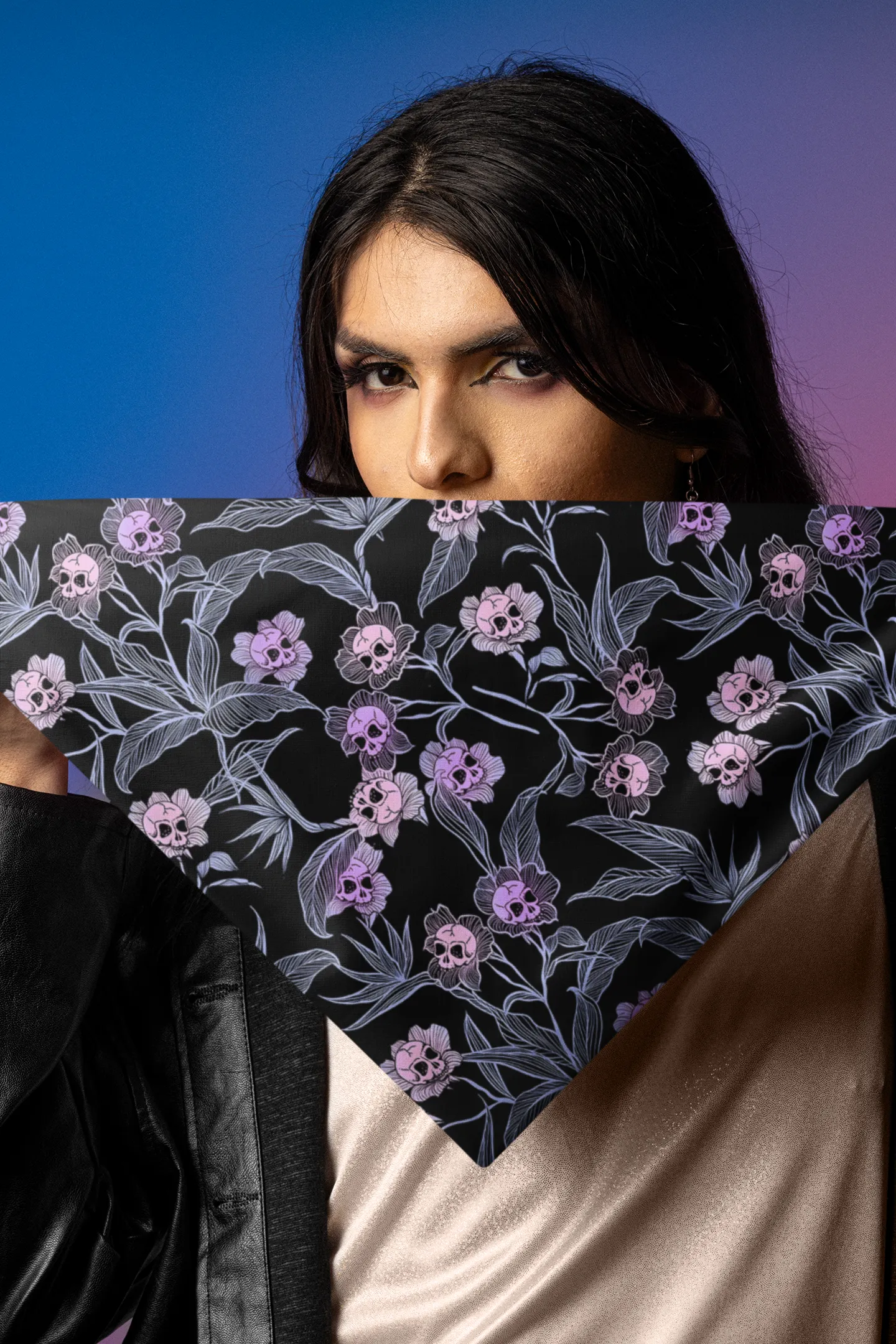 Pastel Goth Floral Bandana - Pink   Black