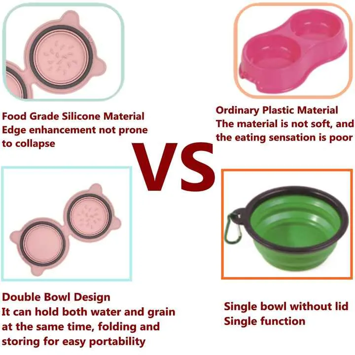 Purple Portable Collapsible Pet Bowl Set - Food-Grade Silicone Double Bowl for Dogs & Cats, Anti-Slip & Easy to Clean