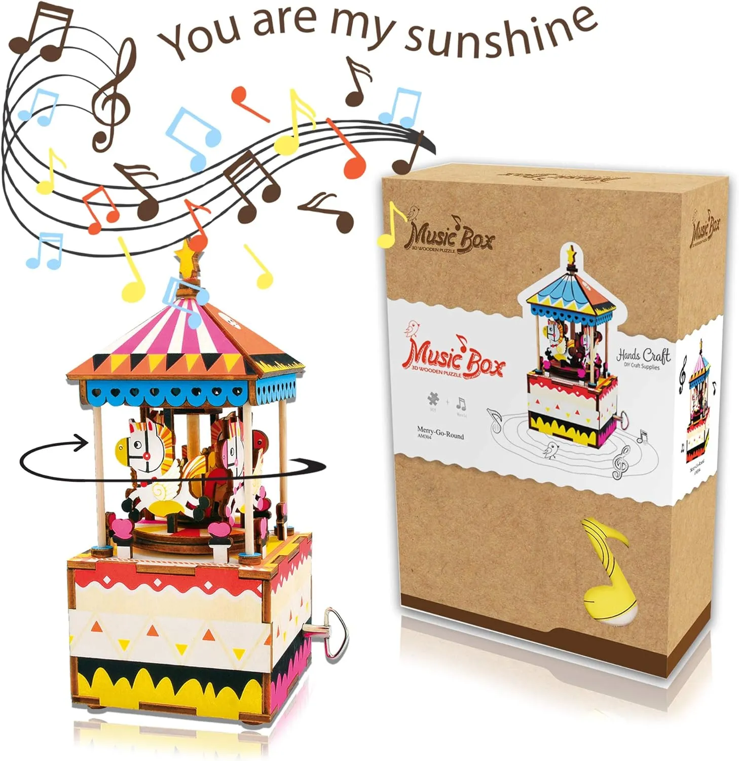 Rolife 3D Merry-Go-Round Wooden Puzzles Diy Music Box Models Craft