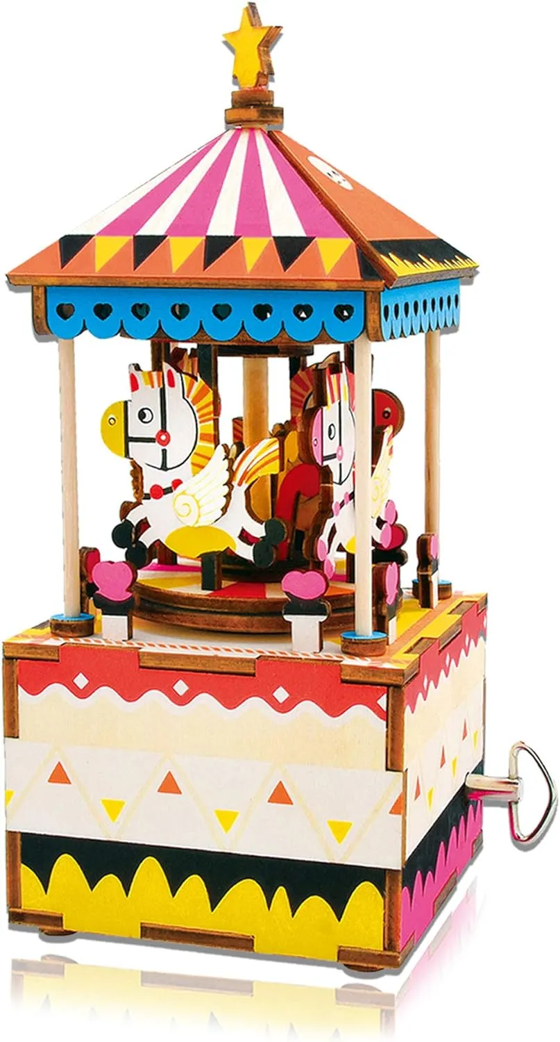 Rolife 3D Merry-Go-Round Wooden Puzzles Diy Music Box Models Craft