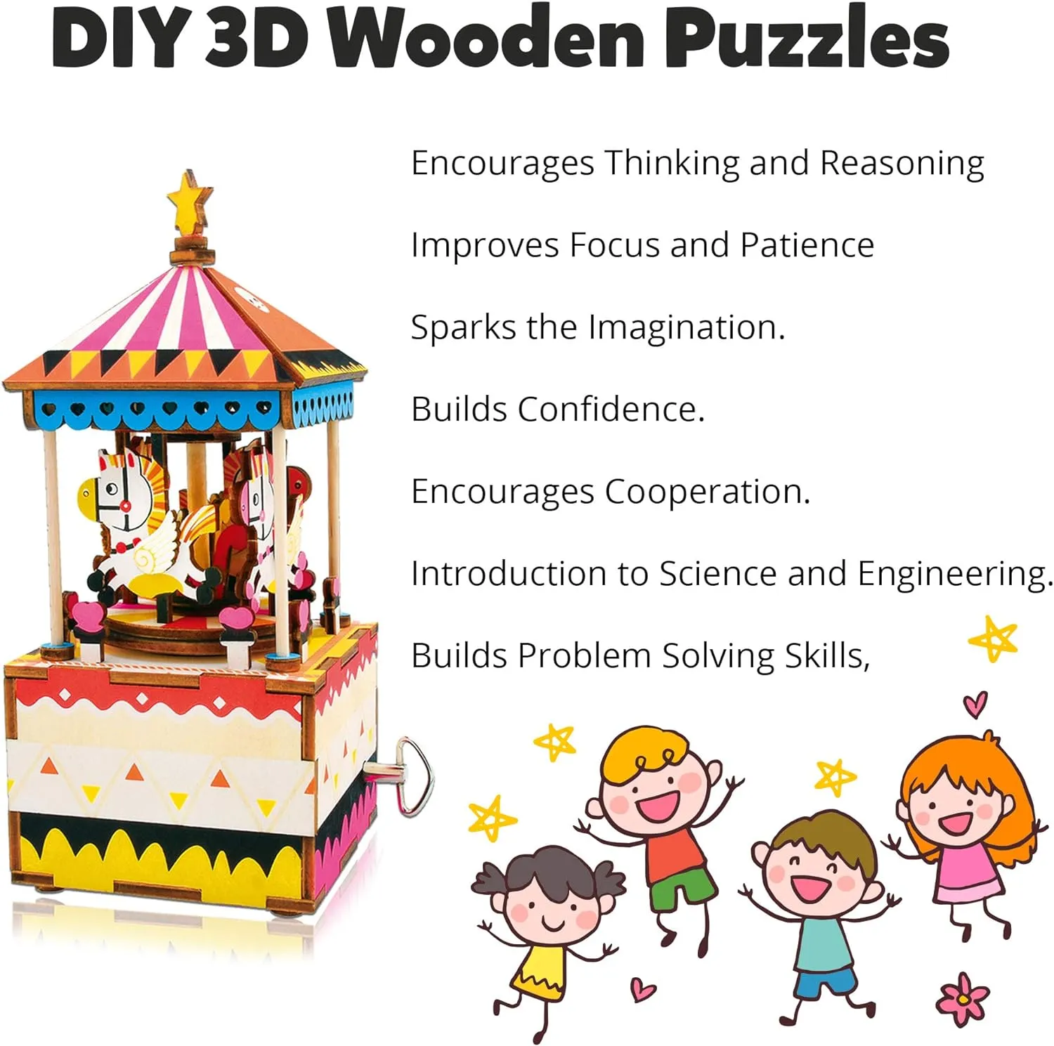 Rolife 3D Merry-Go-Round Wooden Puzzles Diy Music Box Models Craft