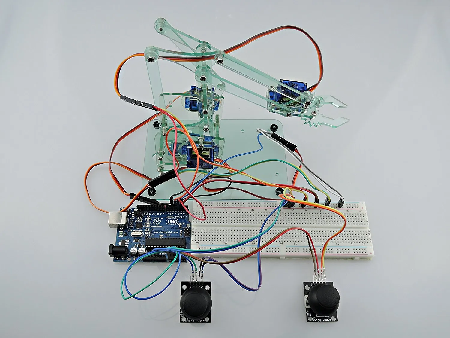 [Sintron] Mini Industrial Robotic Arm Kit, Mechanic Arm & DIY Robot Toy   Servos Joysticks UNO R3 Laser Cut Components for Arduino Education Starter