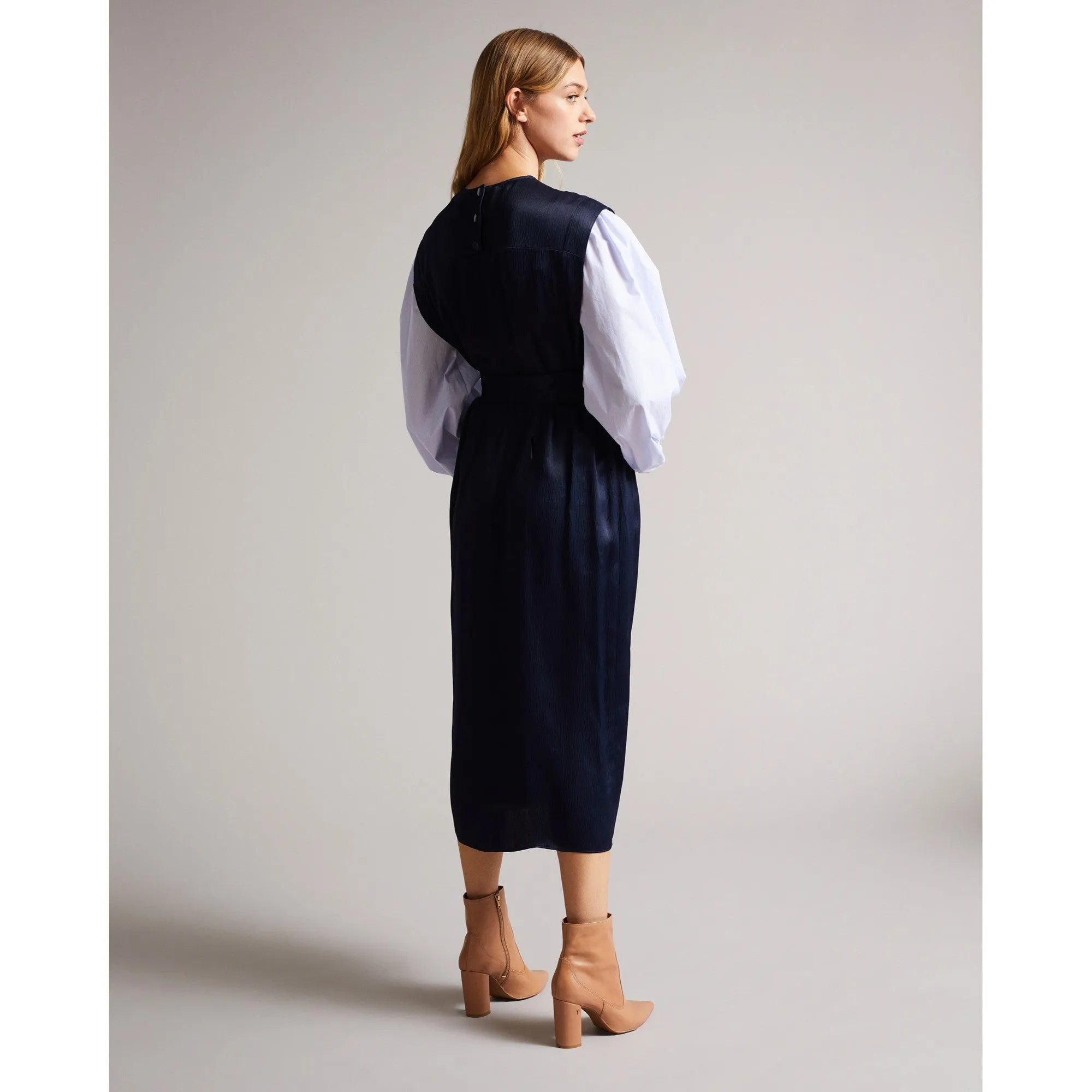 Women Wmd-Kaytei-Belted Midi Dress With Puff Sleeve - Navy