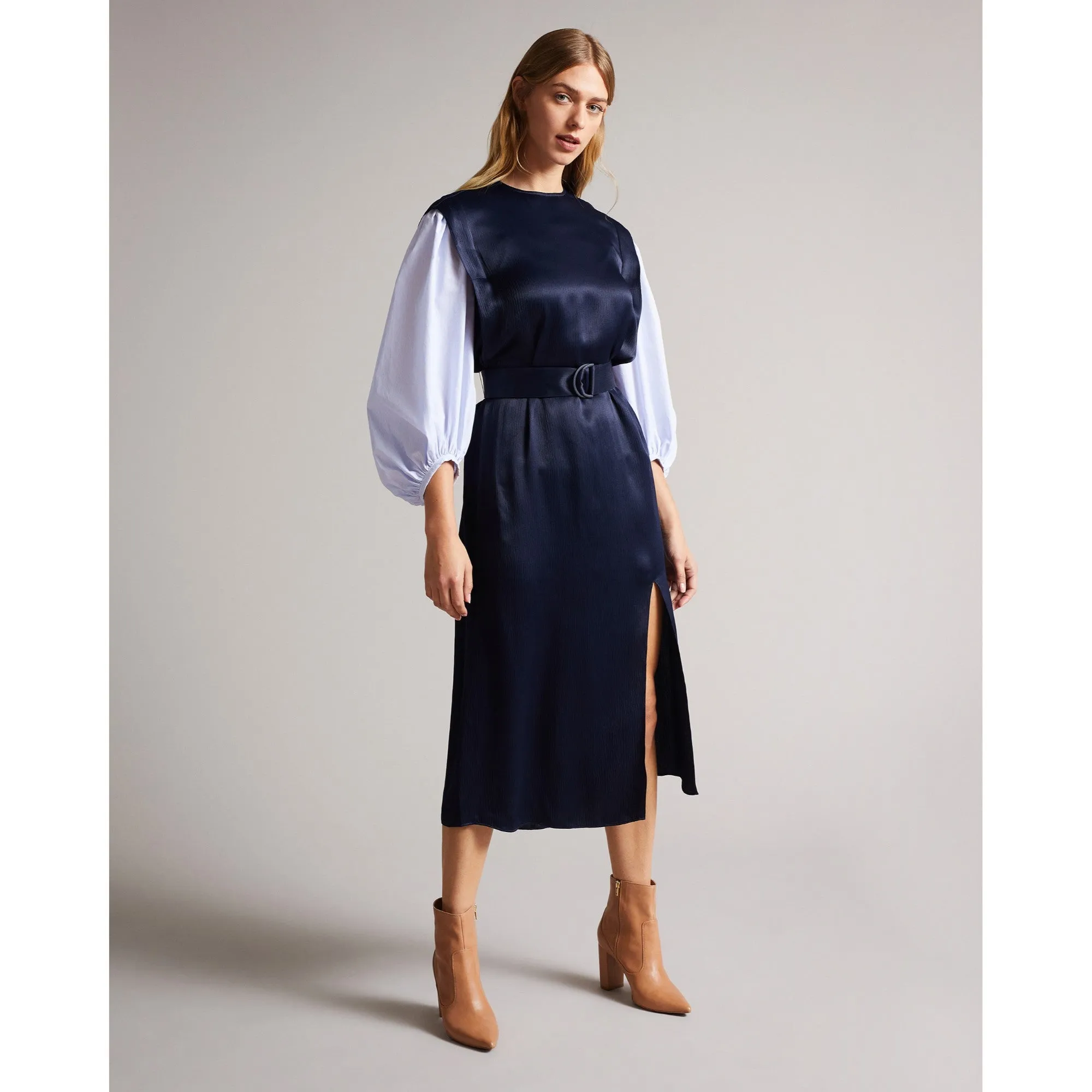 Women Wmd-Kaytei-Belted Midi Dress With Puff Sleeve - Navy